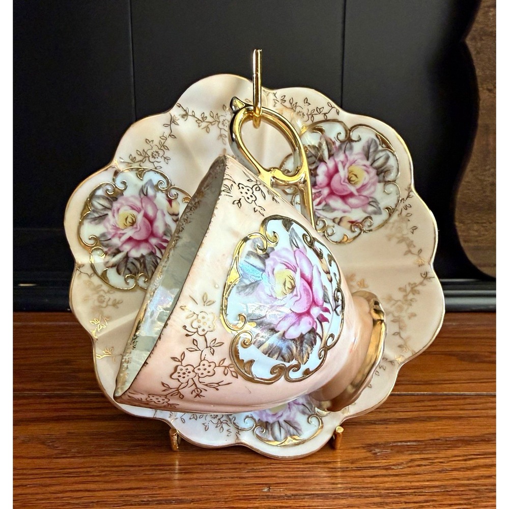 Vintage Lefton Porcelain Pink Floral Painted Gold Trim Tea Cup & Saucer Set